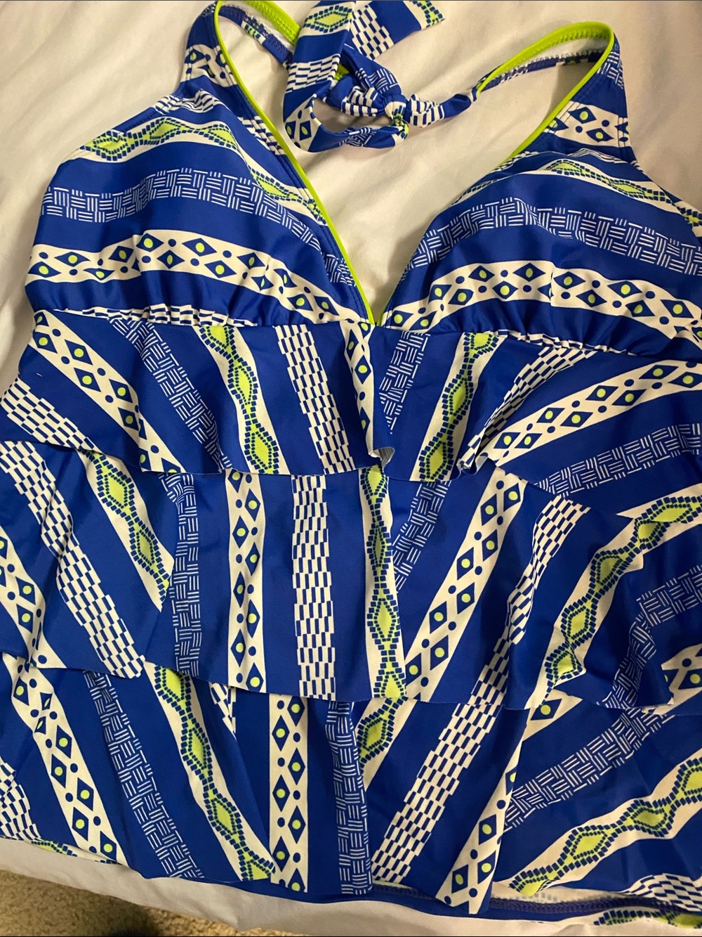 Kim Rogers Blue, White & Lime Backless Halter Swim Dress